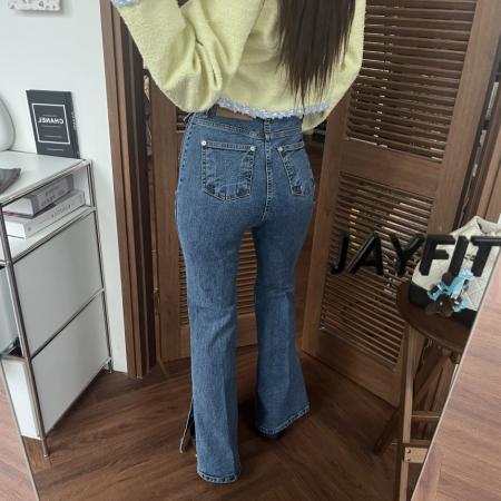 FA55579# 春季新款修身百搭下摆系扣微喇牛仔裤  服裝批發女裝批發服飾貨源