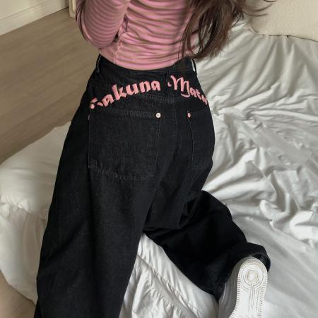 FA55582# 甜酷辣妹PP刺绣字母宽松牛仔裤  服裝批發女裝批發服飾貨源