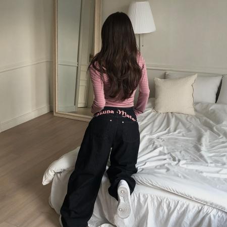 FA55582# 甜酷辣妹PP刺绣字母宽松牛仔裤  服裝批發女裝批發服飾貨源
