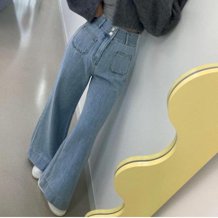 FA55583# 高腰水洗蓝修身两粒扣口袋装饰牛仔长裤  服裝批發女裝批發服飾貨源