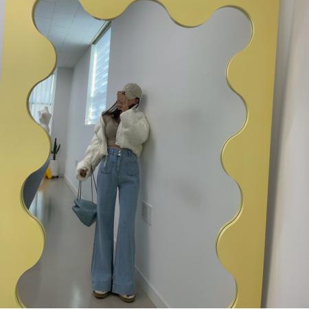 FA55583# 高腰水洗蓝修身两粒扣口袋装饰牛仔长裤  服裝批發女裝批發服飾貨源