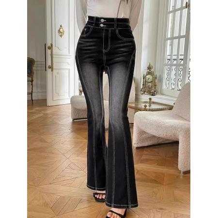 FA55584# 新款双扣磨白显瘦微喇牛仔裤  服裝批發女裝批發服飾貨源