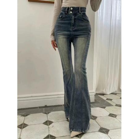 FA55584# 新款双扣磨白显瘦微喇牛仔裤  服裝批發女裝批發服飾貨源