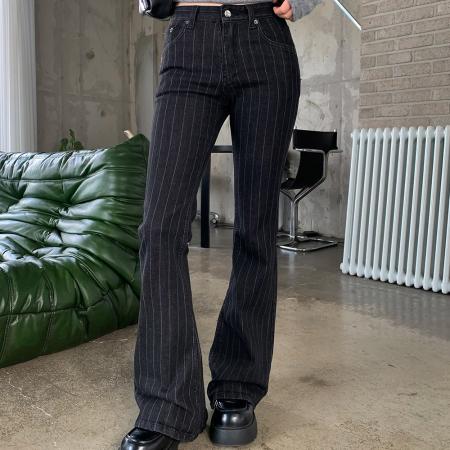 FA55586# 条纹显瘦黑色紧身中腰显臀微喇牛仔裤  服裝批發女裝批發服飾貨源