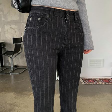 FA55586# 条纹显瘦黑色紧身中腰显臀微喇牛仔裤  服裝批發女裝批發服飾貨源