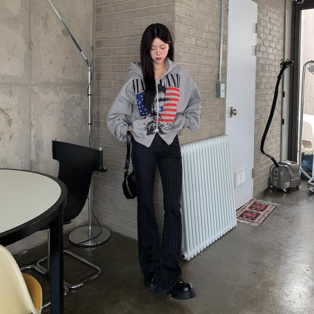 FA55586# 条纹显瘦黑色紧身中腰显臀微喇牛仔裤  服裝批發女裝批發服飾貨源