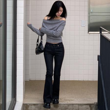 FA55586# 条纹显瘦黑色紧身中腰显臀微喇牛仔裤  服裝批發女裝批發服飾貨源