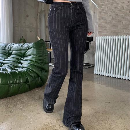 FA55586# 条纹显瘦黑色紧身中腰显臀微喇牛仔裤  服裝批發女裝批發服飾貨源