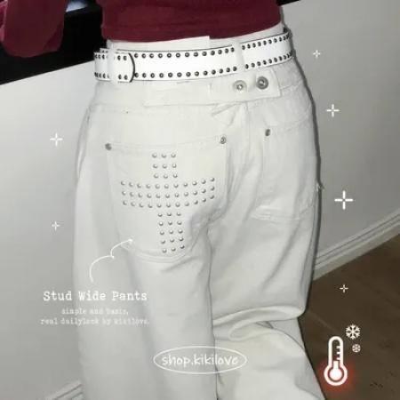 FA55588# 现帅气暗黑风铆钉十字宽松弯刀休闲裤  服裝批發女裝批發服飾貨源