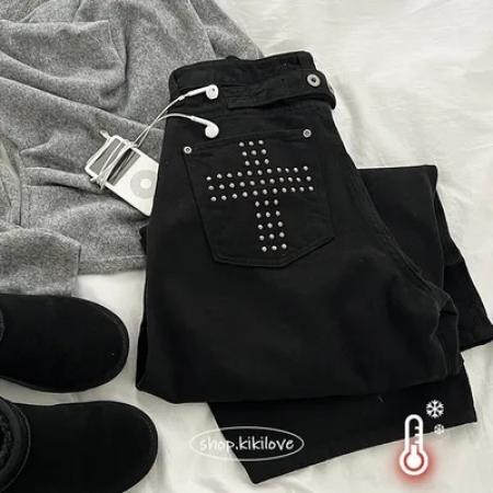FA55588# 现帅气暗黑风铆钉十字宽松弯刀休闲裤  服裝批發女裝批發服飾貨源