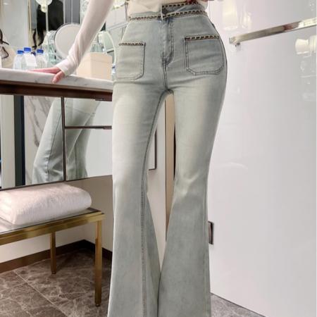 FA55589# 丰胯裤辣妹性感链条设计紧身微喇牛仔裤  服裝批發女裝批發服飾貨源