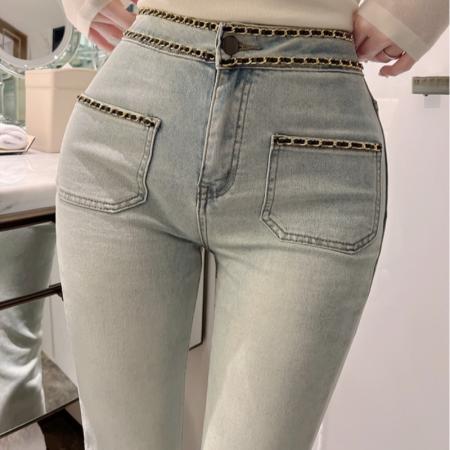 FA55589# 丰胯裤辣妹性感链条设计紧身微喇牛仔裤  服裝批發女裝批發服飾貨源