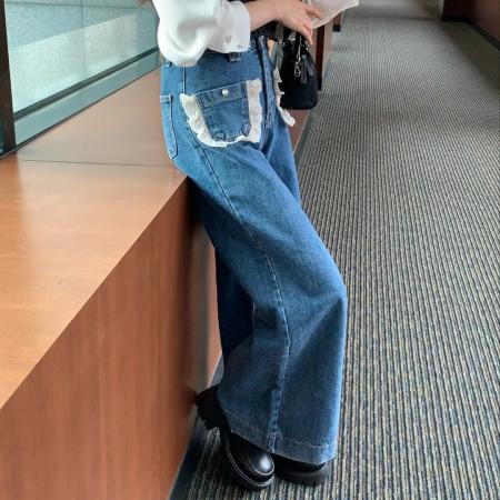 FA55590# 现新款口袋花边微喇牛仔裤长裤  服裝批發女裝批發服飾貨源