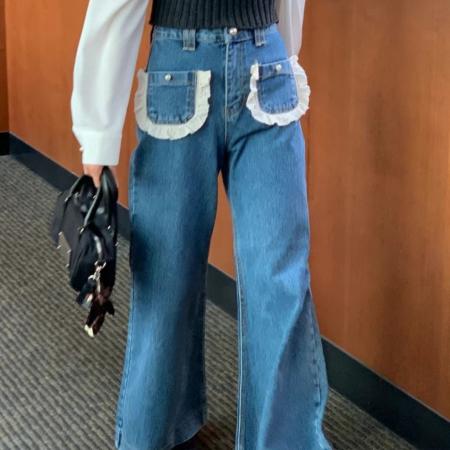 FA55590# 现新款口袋花边微喇牛仔裤长裤  服裝批發女裝批發服飾貨源