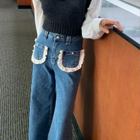 FA55590# 现新款口袋花边微喇牛仔裤长裤  服裝批發女裝批發服飾貨源