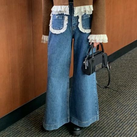 FA55590# 现新款口袋花边微喇牛仔裤长裤  服裝批發女裝批發服飾貨源