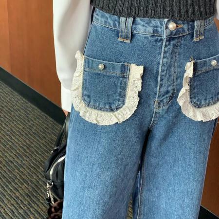 FA55590# 现新款口袋花边微喇牛仔裤长裤  服裝批發女裝批發服飾貨源