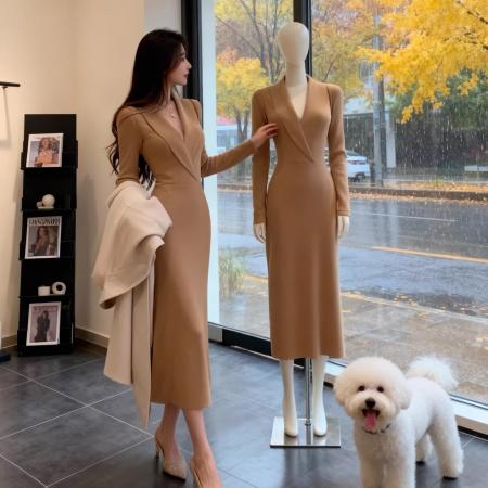 FA55591# 知性优雅风V领针织连衣裙女秋冬季收腰显瘦气质修身包臀长裙  服裝批發女裝批發服飾貨源