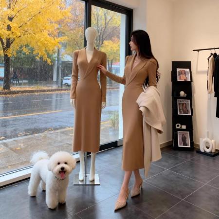 FA55591# 知性优雅风V领针织连衣裙女秋冬季收腰显瘦气质修身包臀长裙  服裝批發女裝批發服飾貨源