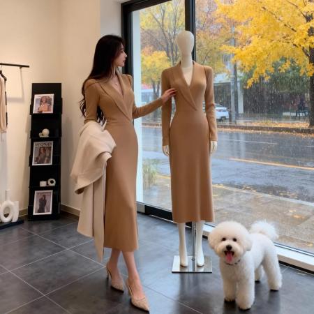 FA55591# 知性优雅风V领针织连衣裙女秋冬季收腰显瘦气质修身包臀长裙  服裝批發女裝批發服飾貨源