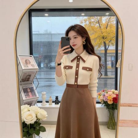 FA55592# 轻熟优雅风拼接针织连衣裙女秋冬新款高级感洋气收腰显瘦长裙  服裝批發女裝批發服飾貨源