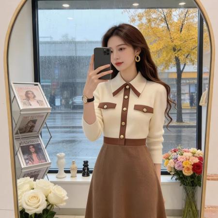 FA55592# 轻熟优雅风拼接针织连衣裙女秋冬新款高级感洋气收腰显瘦长裙  服裝批發女裝批發服飾貨源