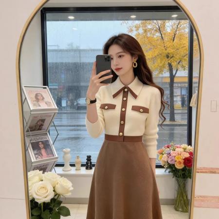 FA55592# 轻熟优雅风拼接针织连衣裙女秋冬新款高级感洋气收腰显瘦长裙  服裝批發女裝批發服飾貨源