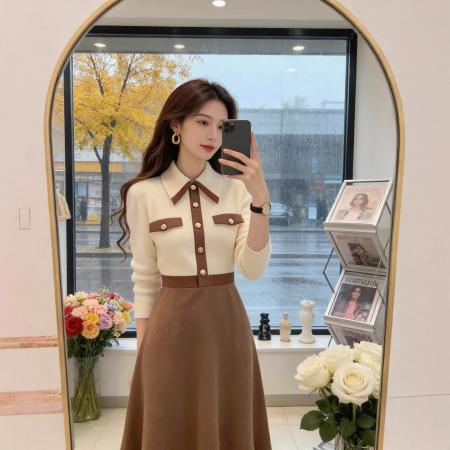 FA55592# 轻熟优雅风拼接针织连衣裙女秋冬新款高级感洋气收腰显瘦长裙  服裝批發女裝批發服飾貨源