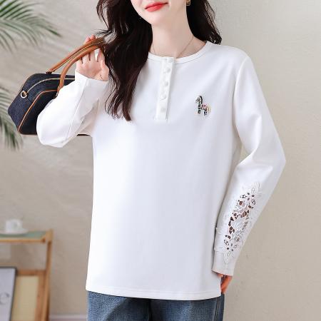 FA55596# 洋气缕空蕾丝长袖T恤女大码宽松上衣早春新款欧货女装  服裝批發女裝批發服飾貨源