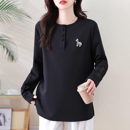 FA55596# 洋气缕空蕾丝长袖T恤女大码宽松上衣早春新款欧货女装  服裝批發女裝批發服飾貨源