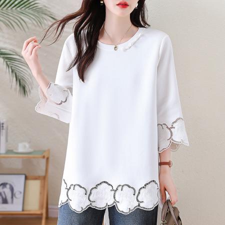 FA55597# 复古白色缕空刺绣T恤女春季新款上衣大码新中式女装潮  服裝批發女裝批發服飾貨源