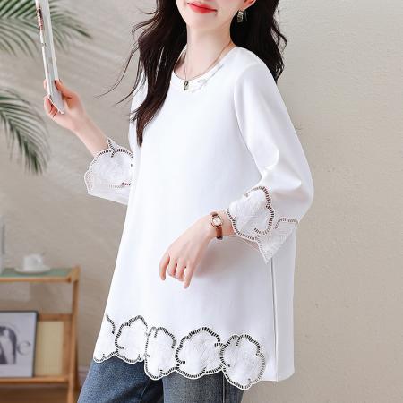 FA55597# 复古白色缕空刺绣T恤女春季新款上衣大码新中式女装潮  服裝批發女裝批發服飾貨源