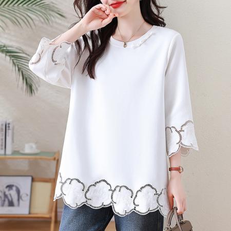 FA55597# 复古白色缕空刺绣T恤女春季新款上衣大码新中式女装潮  服裝批發女裝批發服飾貨源