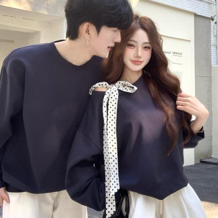 FA55598# 春季新款波点宽松斜肩露肩卫衣蓝色  服裝批發女裝批發服飾貨源