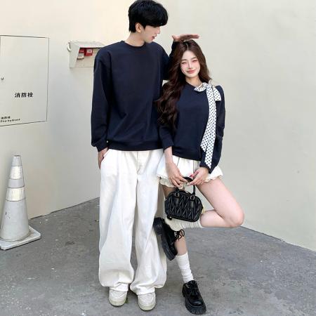 FA55598# 春季新款波点宽松斜肩露肩卫衣蓝色  服裝批發女裝批發服飾貨源