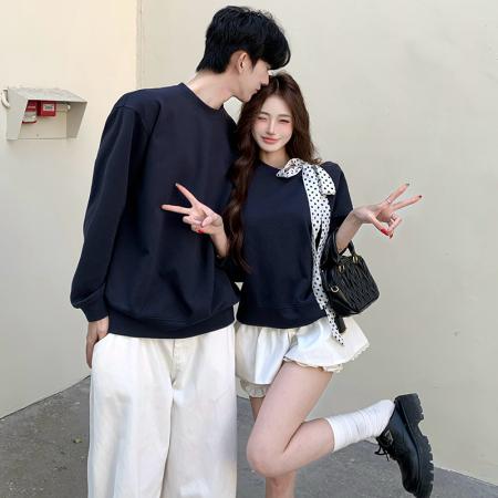 FA55598# 春季新款波点宽松斜肩露肩卫衣蓝色  服裝批發女裝批發服飾貨源