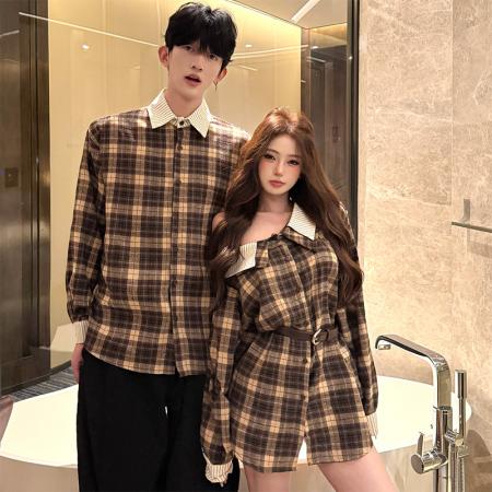 FA55599# 春季新款露肩格子衬衫情侣装，女衬衫含腰带  服裝批發女裝批發服飾貨源