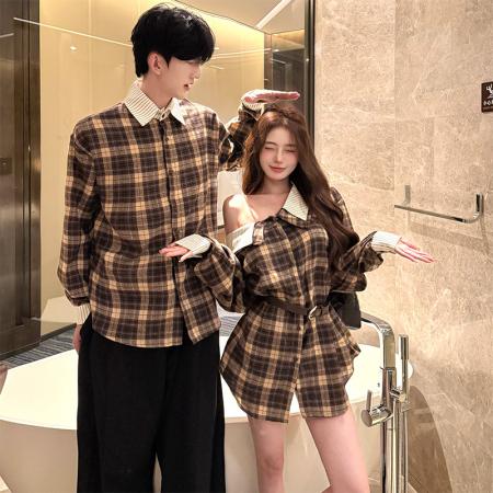 FA55599# 春季新款露肩格子衬衫情侣装，女衬衫含腰带  服裝批發女裝批發服飾貨源