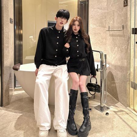 FA55600# 春季新款黑色长袖麂皮绒千金风情侣装  服裝批發女裝批發服飾貨源