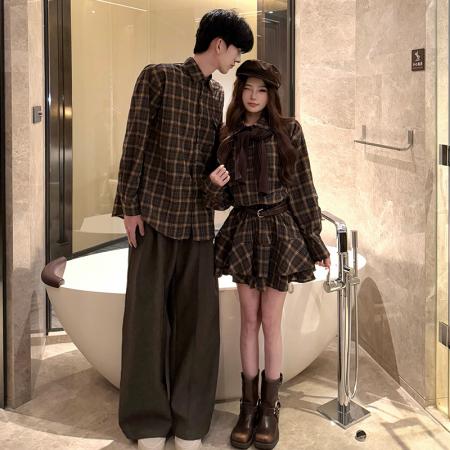 FA55601# 春季格子复古衬衫女连衣裙+披肩+腰带  服裝批發女裝批發服飾貨源