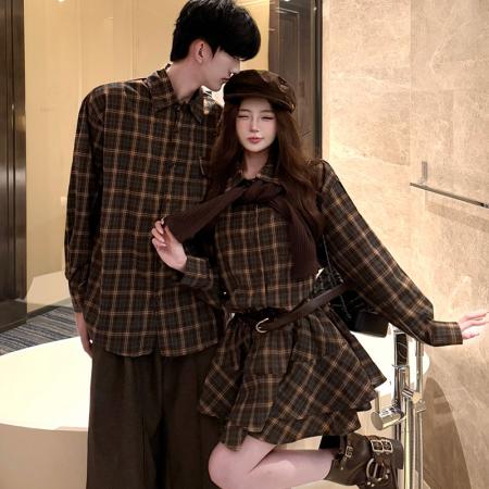 FA55601# 春季格子复古衬衫女连衣裙+披肩+腰带  服裝批發女裝批發服飾貨源