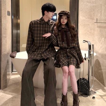 FA55601# 春季格子复古衬衫女连衣裙+披肩+腰带  服裝批發女裝批發服飾貨源