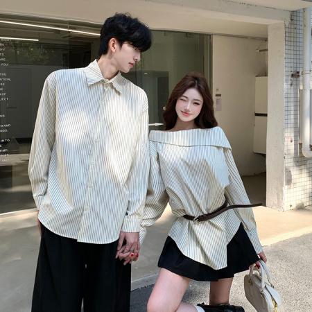 FA55602# 春季新款设计感条纹衬衫情侣装，女衣含腰带  服裝批發女裝批發服飾貨源