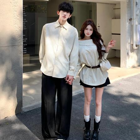 FA55602# 春季新款设计感条纹衬衫情侣装，女衣含腰带  服裝批發女裝批發服飾貨源