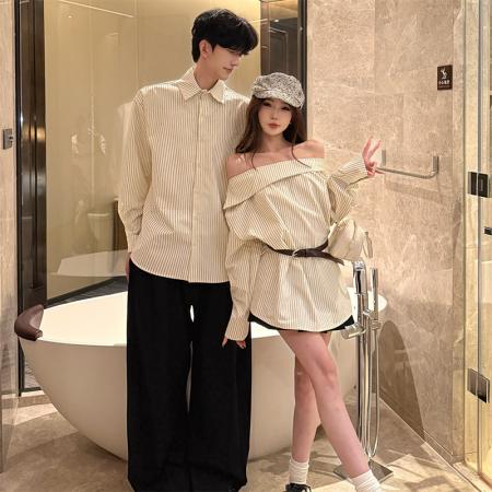 FA55602# 春季新款设计感条纹衬衫情侣装，女衣含腰带  服裝批發女裝批發服飾貨源