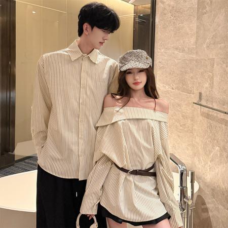 FA55602# 春季新款设计感条纹衬衫情侣装，女衣含腰带  服裝批發女裝批發服飾貨源