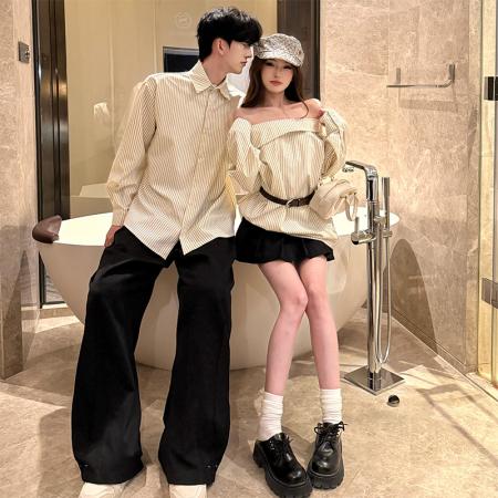 FA55602# 春季新款设计感条纹衬衫情侣装，女衣含腰带  服裝批發女裝批發服飾貨源