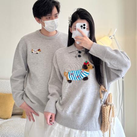 FA55603# 新款灰色Polo翻领腊肠狗套头毛衣情侣装  服裝批發女裝批發服飾貨源