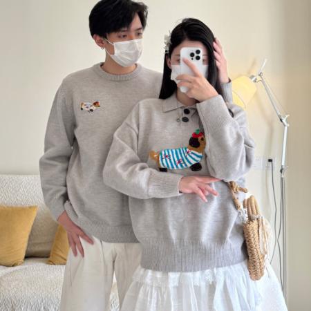 FA55603# 新款灰色Polo翻领腊肠狗套头毛衣情侣装  服裝批發女裝批發服飾貨源