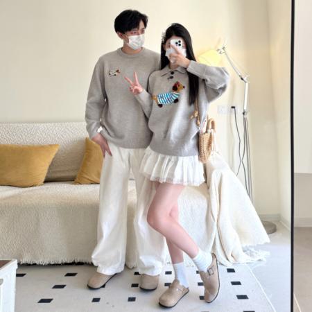 FA55603# 新款灰色Polo翻领腊肠狗套头毛衣情侣装  服裝批發女裝批發服飾貨源